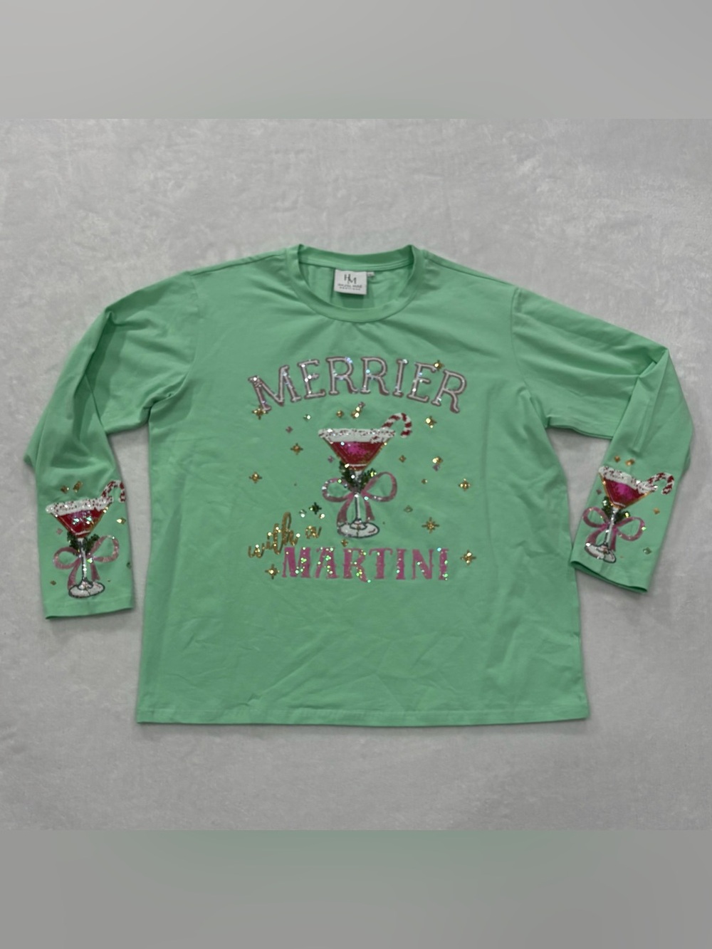 "Merrier with a Martini" Sequin Long Sleeve Shirt by Hazel Mae Boutique Womens L